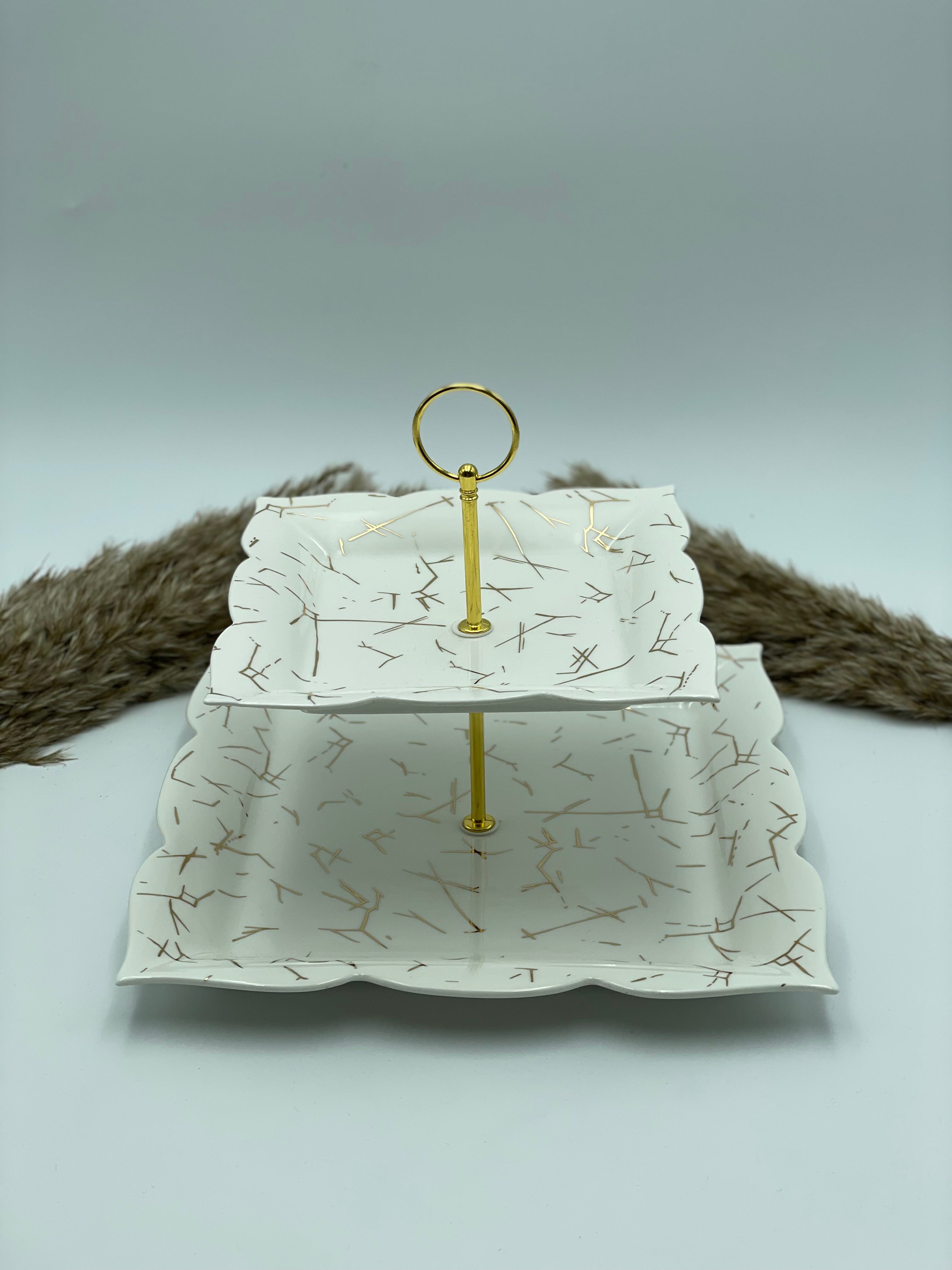 Porcelæns Fad 2-etagers - Marmor Guld