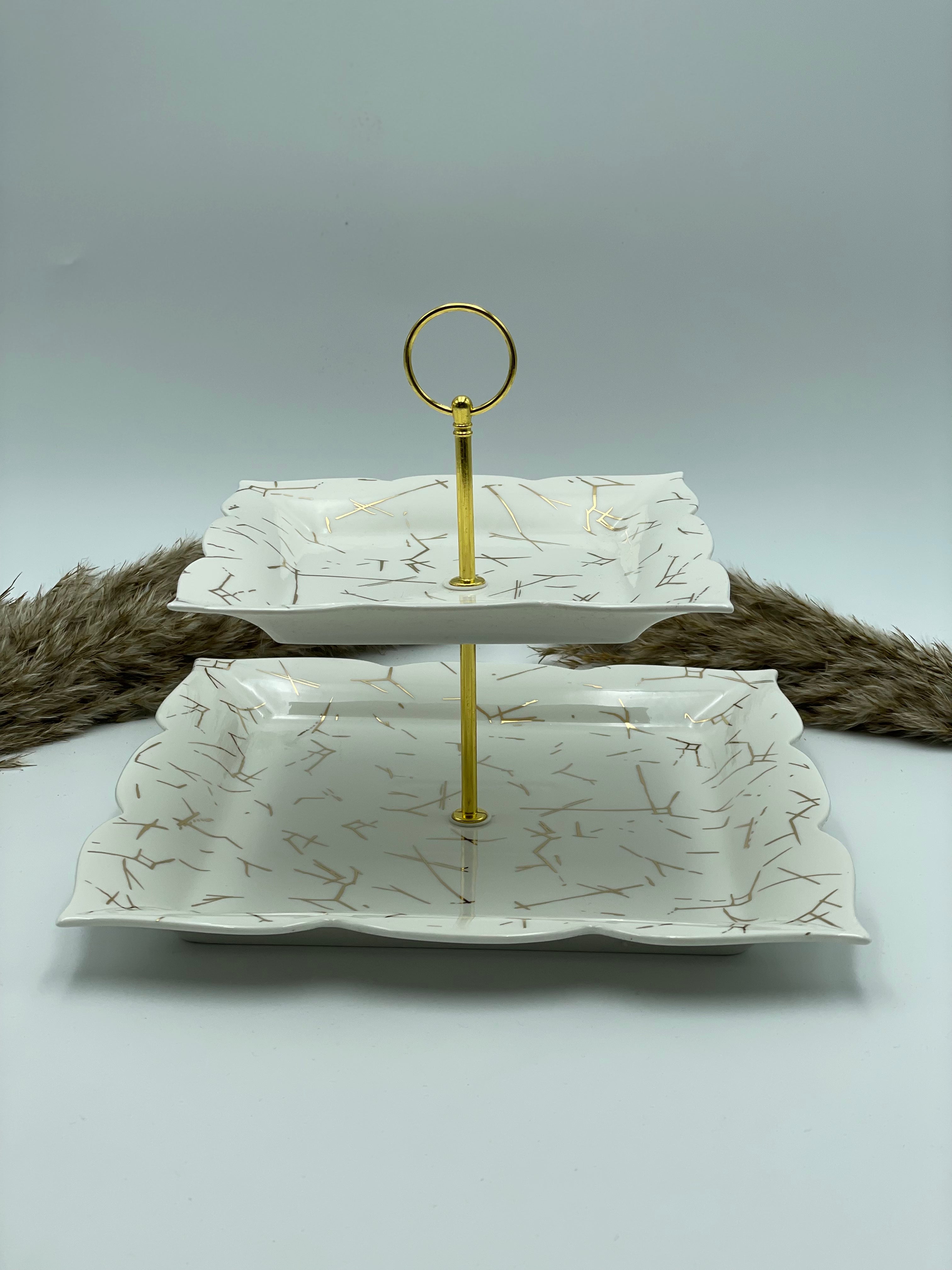 Porcelæns Fad 2-etagers - Marmor Guld