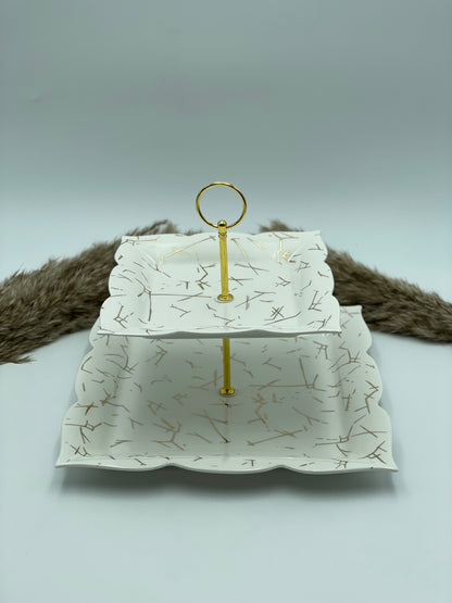 Porcelæns Fad 2-etagers - Marmor Guld